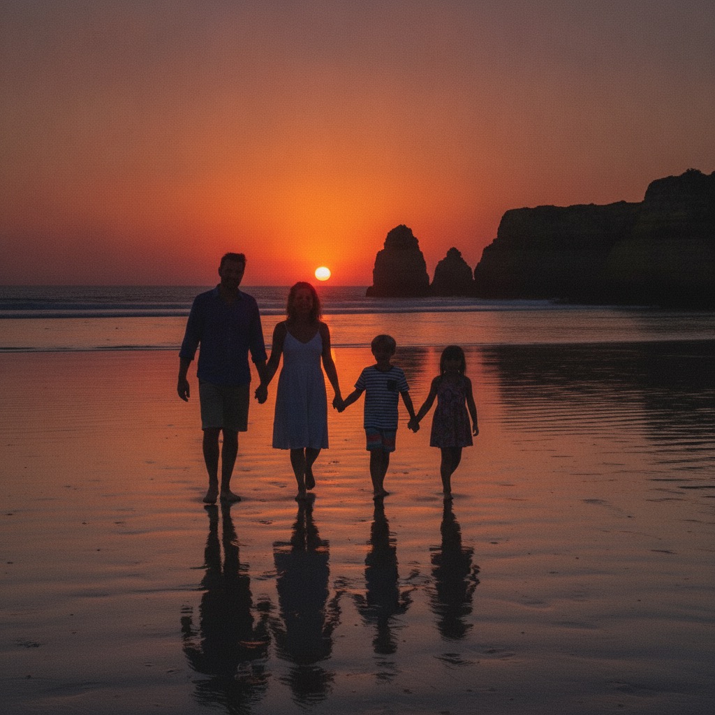Silhouetten tijdens zonsondergang op het strand