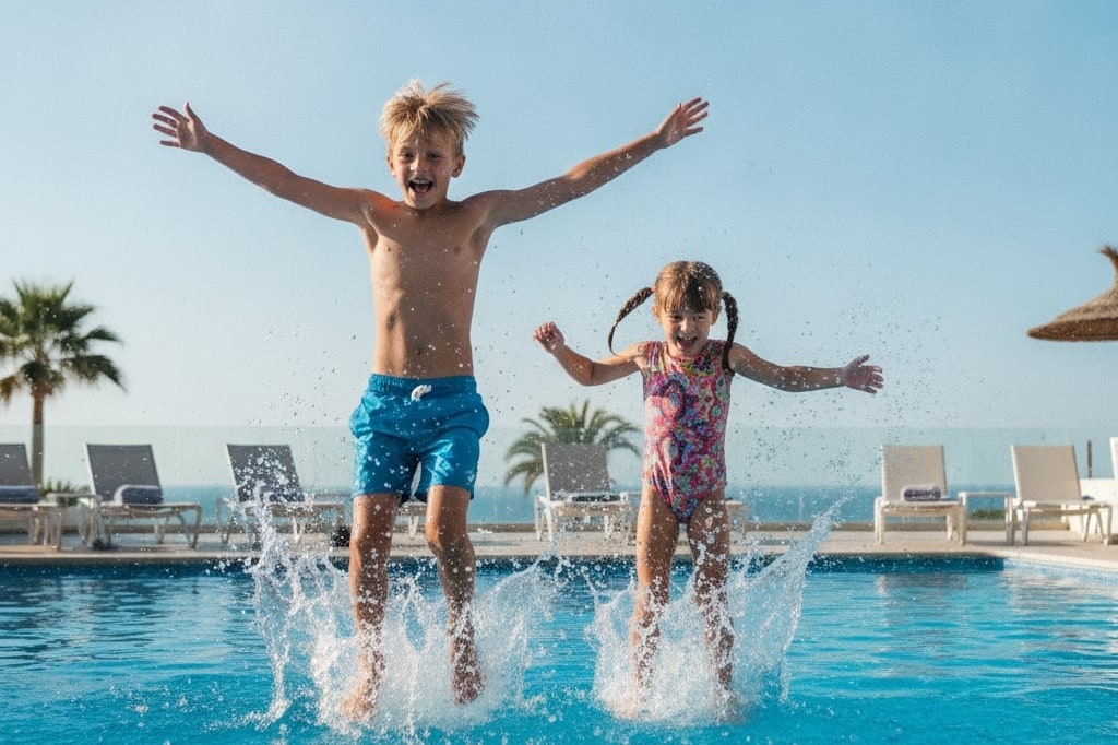 Springen in het hotelzwembad